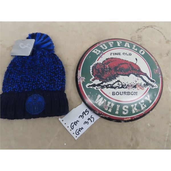 Modern Metal Buffalo Whiskey Sign 12" RD, & Edmonton Oiler Toque