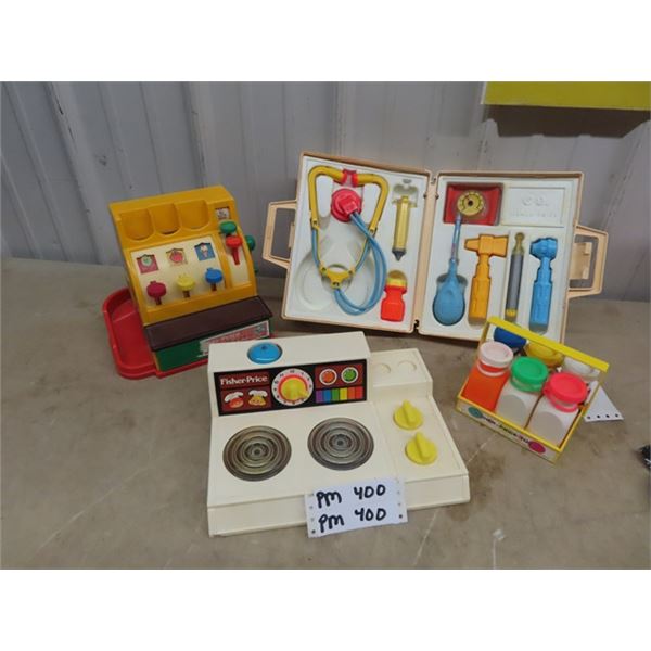 Fisher Price Cash Register, Fisher Price Stove, Fisher Price Medical Kit, & Fisher Price Milk Bottle