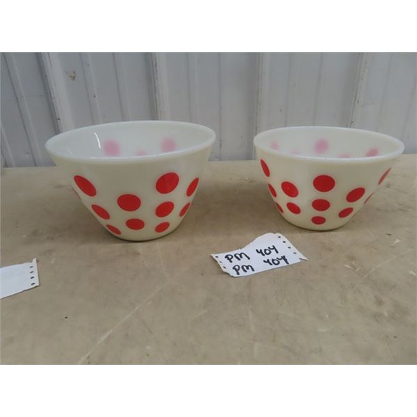 2 Fire King Mixing Bowls w Polka Dots - 1 1 Good, 1 Smaller, - one has been repaired -fixed crack  &