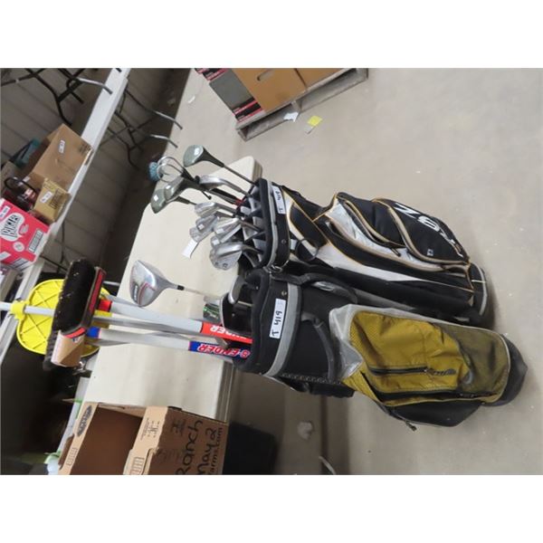 2 Sets of Right Handed GOlf Clubs, Plus 2 Curling Brooms