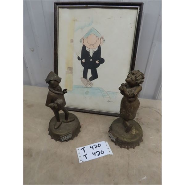 2 Schlitz Andy Capp 10" Ornaments, & Framed Andy Capp Cartoon