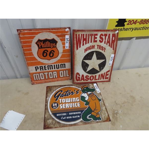 3 Modern Metal Signs 12" x 16"  1) Phillips 66 1) White Star 1) Gator's Towing Service