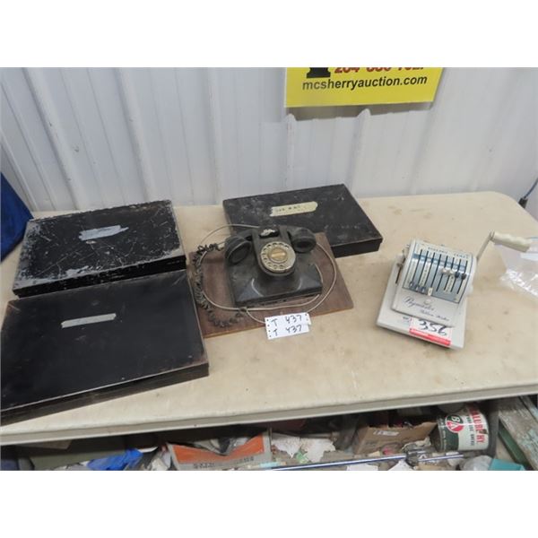 Northern Electric Phone, 3 Metal Cash Boxes, & Cheque Printer