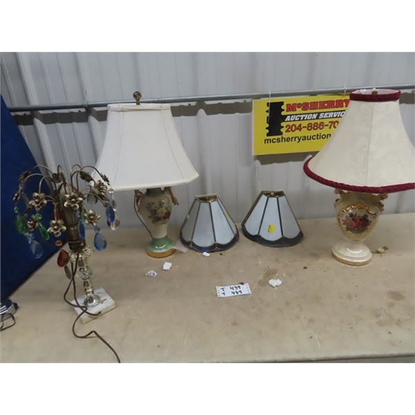 2 Victoria Style Lamps, Lamp w Prisms, & 2 Stained Glass Wall Mount Light Fixtures