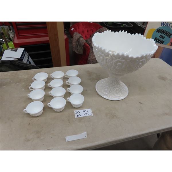 Fostoric Milk Glass Pedestal Punch Bowl & 12 Glasses