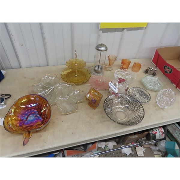 Carnival Glass , Cut Glass  w Silver Inlay, Barber Sterlizing Jar, Bowls, Trays & S & P