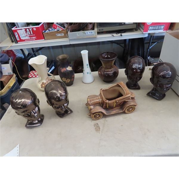 9 items - Car Planter, Labelled Carter Motors Head Ceramic Vases