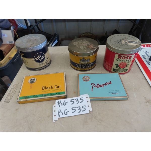5 Tobacco Tins - Black Cat, Players, Zig Zag, Rose, & Chateau