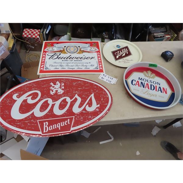 Budweiser Metal Sign 16" X 12.5" , Metal Coors Embossed Sign 24" x 13.5" , 2 Beer Trays 1) Molson & 