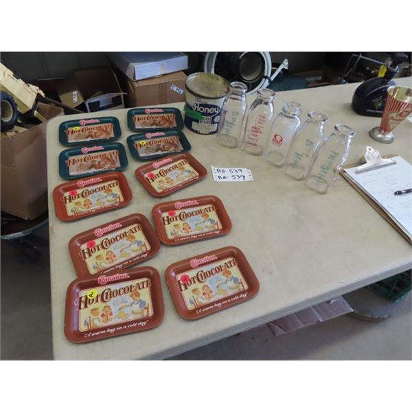 5 Labelled Milk Bottles, Honey Tin, Kelner Brothers Wpg Beach,  & 10 Carnation Trays