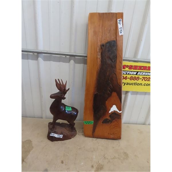 Wooden Carved Bear 11" x 33" & Deer Statue 18"H