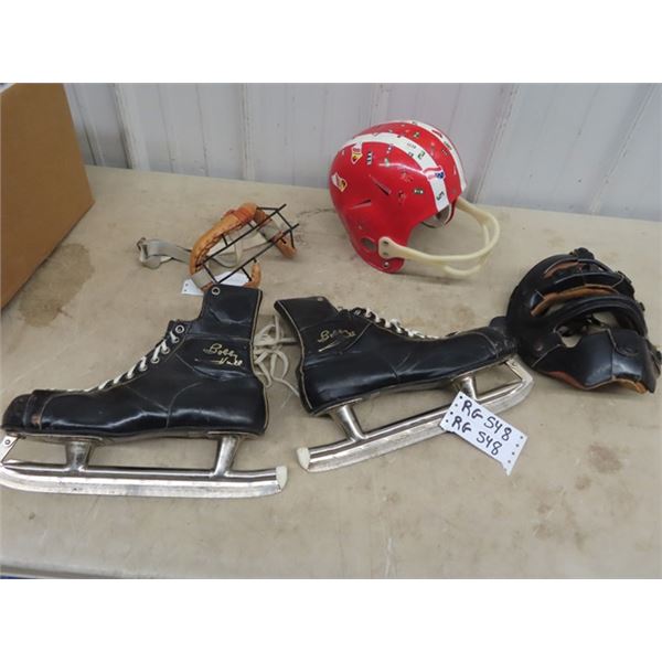 Bobby Hull Autographed Skates, Old Football Helmet & Back Catchers Mask