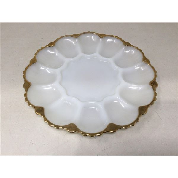 Antique Milk Glass Egg Plate with Gold Plating Trim