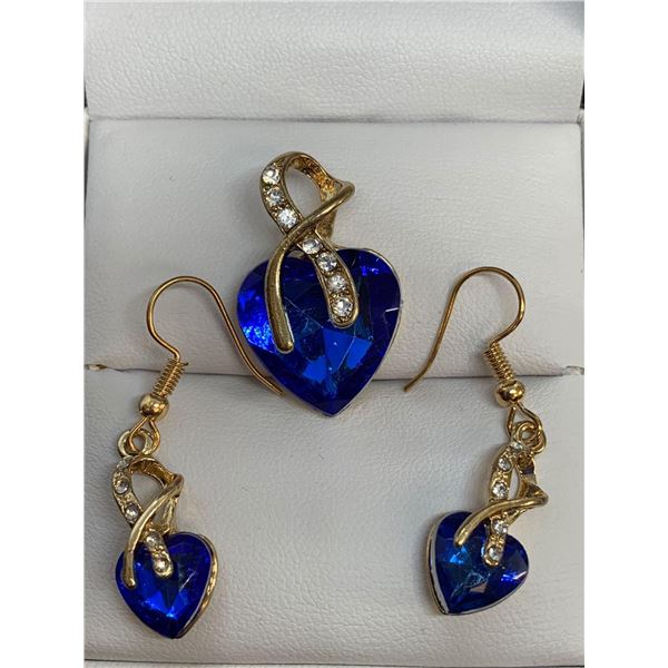 NEW 3 pce set - Blue Topaz Style cut heart earrings and necklace set.