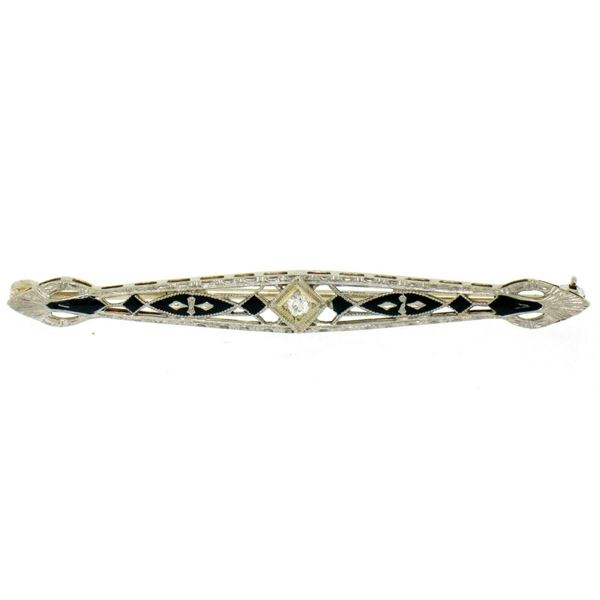 Antique Art Deco 14K White Gold Diamond & Black Enamel Etched Filigree Bar Pin