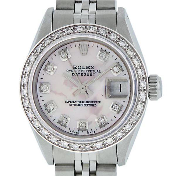 Rolex Ladies Stainless Steel Pink MOP Diamond 26MM Oyster Perpetaul Datejust