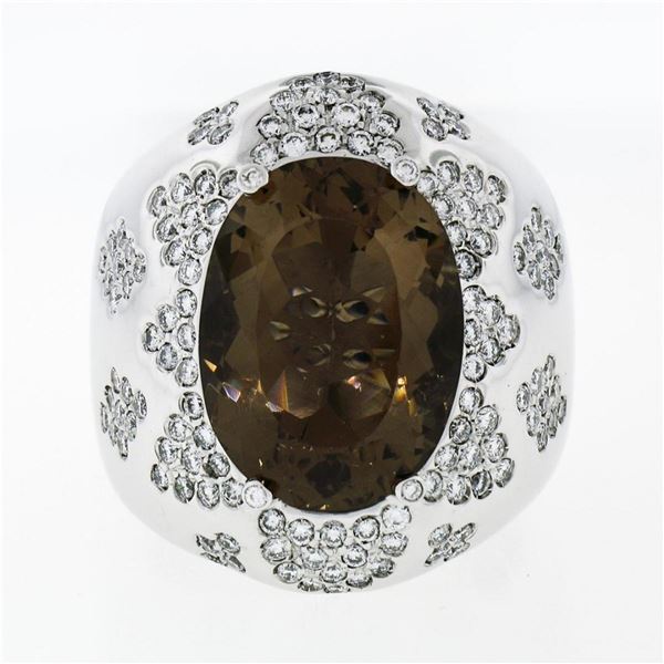 Large Bold 18K White Gold Oval Smoky Quartz 2.50 ctw Diamond Cluster Cocktail Ri