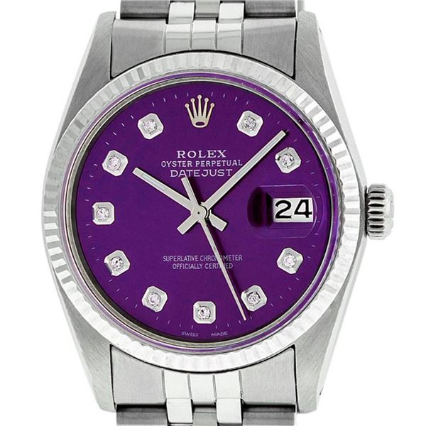 Rolex Mens Stainless Steel Purple Diamond 36MM Datejust Oyster Perpetual Wristwa