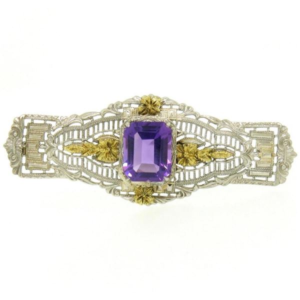 14k White & Green Gold 3.00 ctw Emerald Cut Amethyst Filigree Brooch Pin