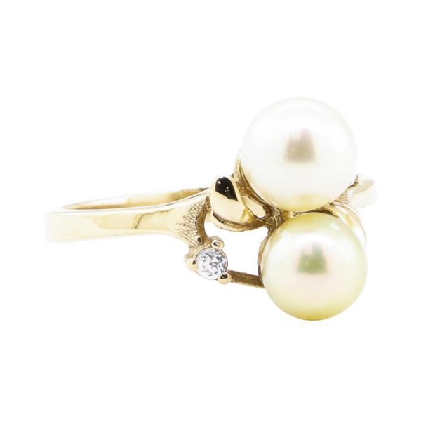 0.08 ctw Diamond and 7mm Round Cultured Pearl Ring - 14KT Yellow Gold