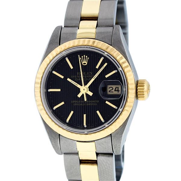 Rolex Ladies 2T 26 Black Index Tapestry Datejust Oyster Band Wristwatch Serviced