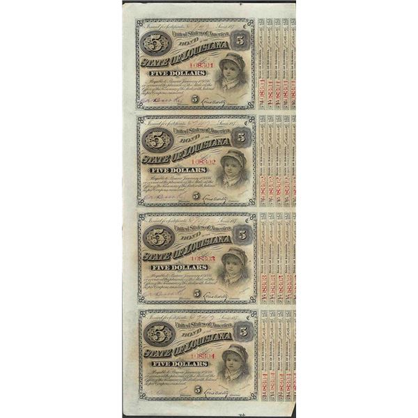 Uncut Sheet of (4) State of Louisiana Baby Bond Obsolete Notes