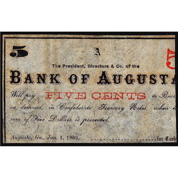1863 Bank of Augusta Five Cents Obsolete Bank Note