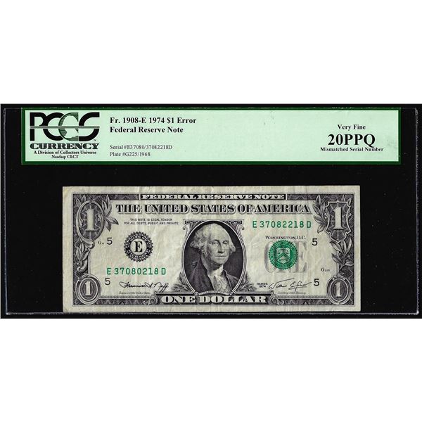 1974 $1 Federal Reserve Note Mismatched Serial Number ERROR PCGS Very Fine 20PPQ