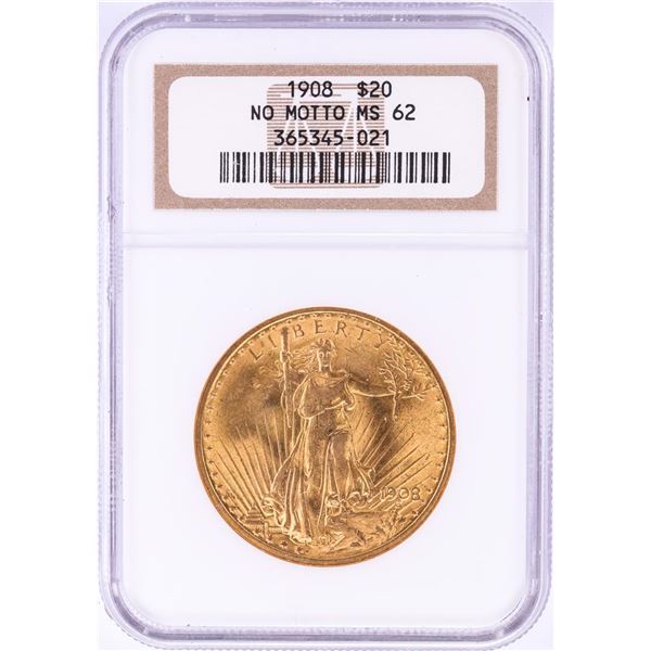 1908 No Motto $20 St. Gaudens Double Eagle Gold Coin NGC MS62