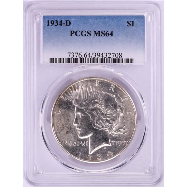 1934-D $1 Peace Silver Dollar Coin PCGS MS64