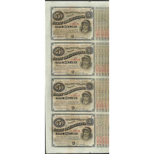 Uncut Sheet of (4) State of Louisiana Baby Bond Obsolete Notes