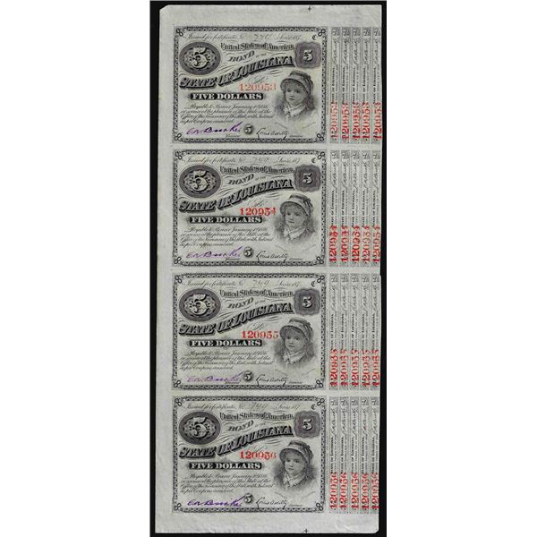 Uncut Sheet of (4) State of Louisiana Baby Bond Obsolete Notes