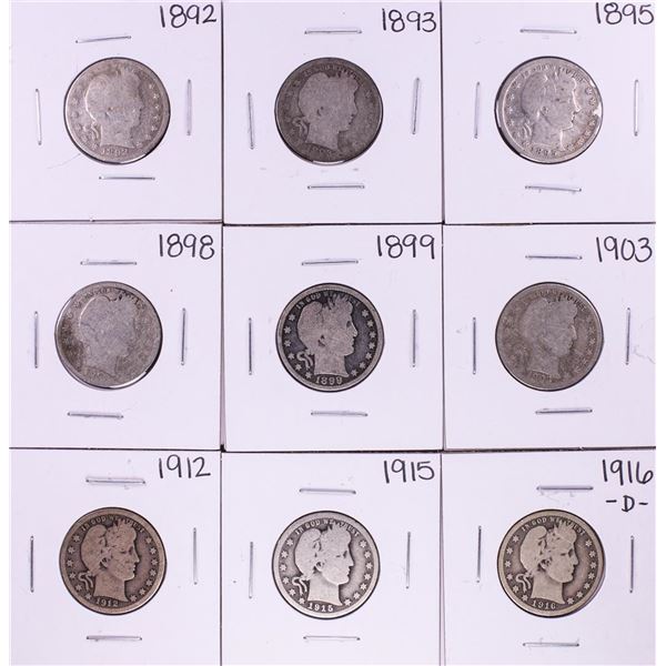 Lot of (9) Miscellaneous Date Barber Quarter Coins
