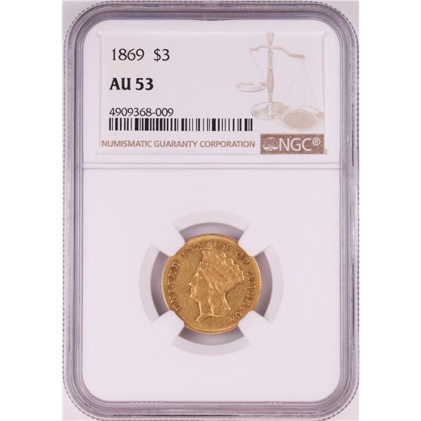 1869 $3 Indian Princess Head Gold Coin NGC AU53