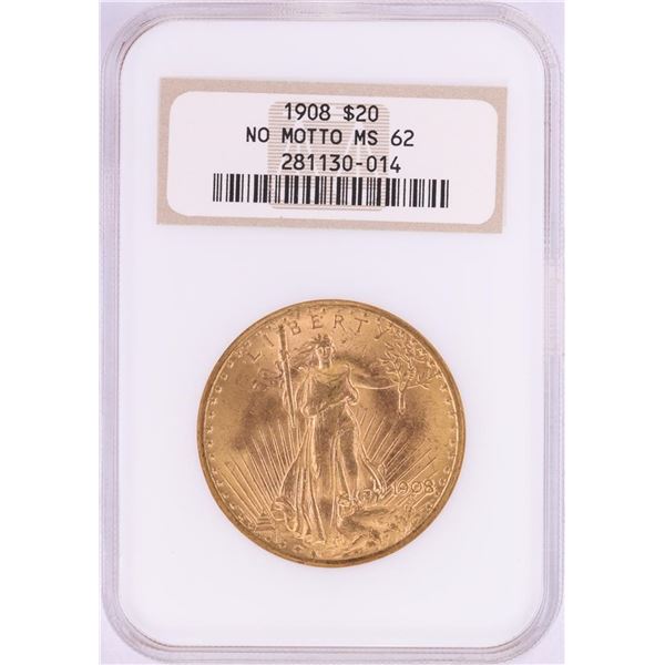 1908 No Motto $20 St. Gaudens Double Eagle Gold Coin NGC MS62