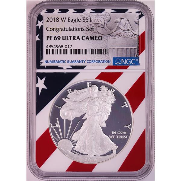 2018-W $1 Proof American Silver Eagle Coin NGC PF69 Ultra Cameo Congratulations Flag