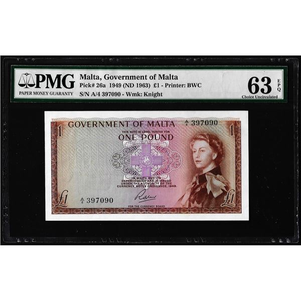 1949 Malta 1 Pound Note Pick# 26a PMG Choice Uncirculated 63EPQ