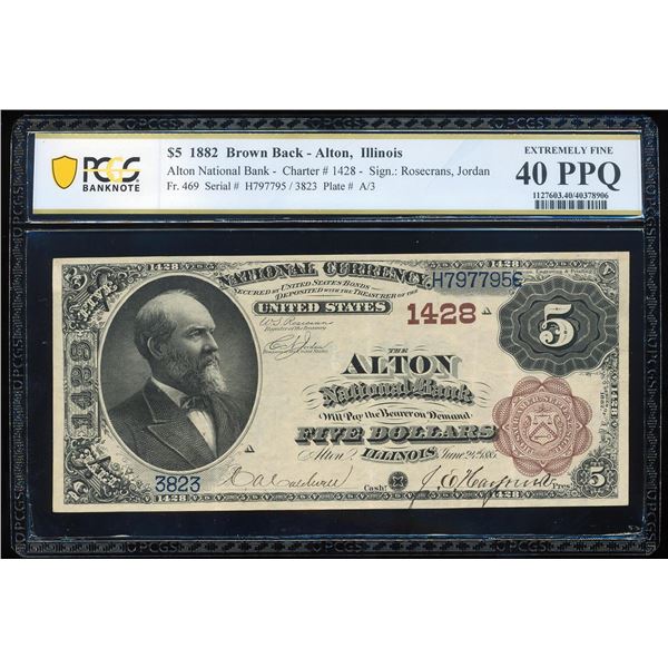 1882BB $5 Alton, IL CH# 1428 National Bank Note PCGS Extremely Fine 40PPQ