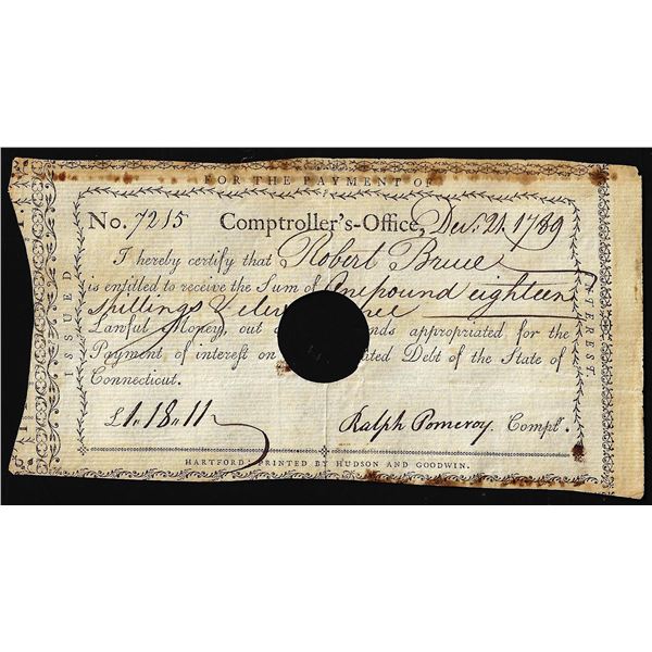 December 21, 1789 State of Connecticut Interest Certificate Colonial Note