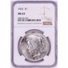 Image 1 : 1922 $1 Peace Silver Dollar Coin NGC MS63