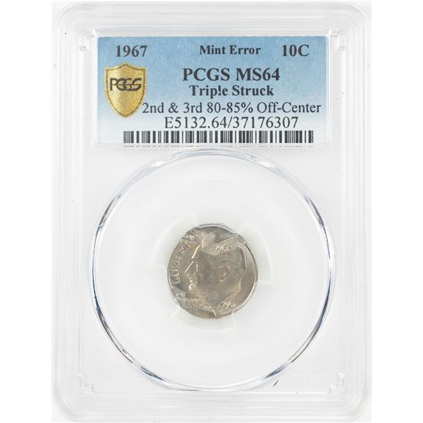 1967 Roosevelt Dime Coin Triple Struck Off Center ERROR PCGS MS64
