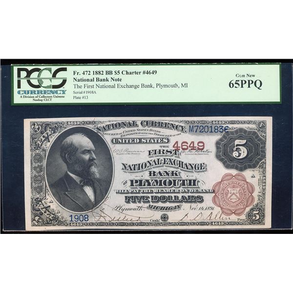 1882BB $5 Plymouth, MI CH# 4649 National Bank Note PCGS Gem New 65PPQ