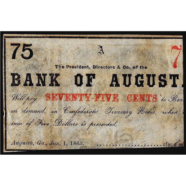 1863 Bank of Augusta Seventy-Five Cents Obsolete Bank Note