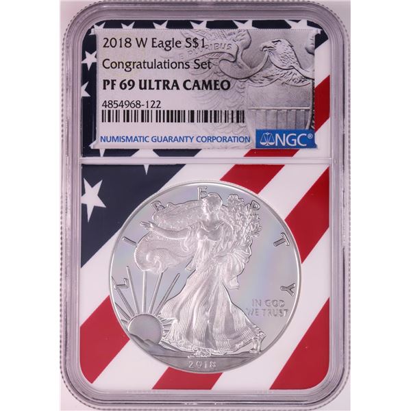 2018-W $1 Proof American Silver Eagle Coin NGC PF69 Ultra Cameo Congratulations Flag