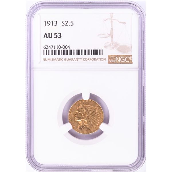 1913 $2 1/2 Indian Head Quarter Eagle Gold Coin NGC AU53