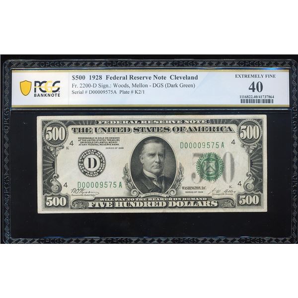 1928 $500 Federal Reserve Note Cleveland Fr.2200-D PCGS Extremely Fine 40