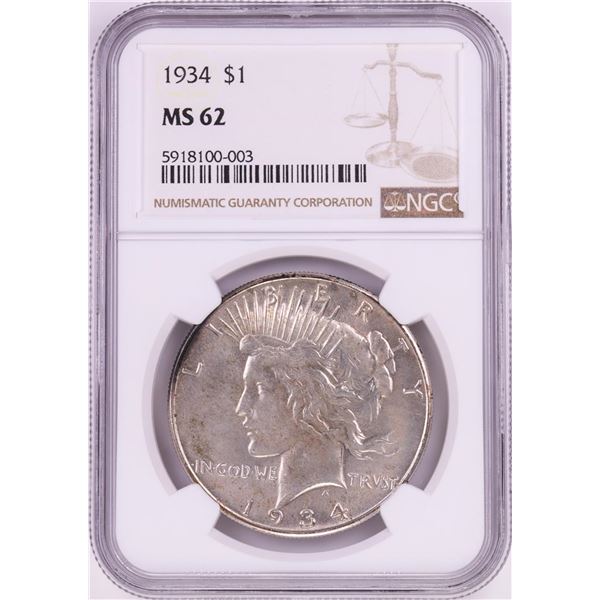 1934 $1 Peace Silver Dollar Coin NGC MS62