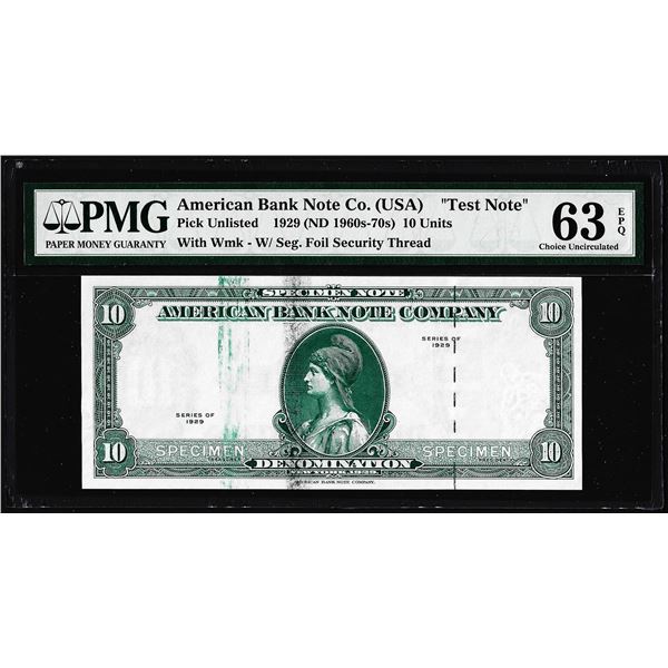 1929 10 Unit American Bank Note Co. "Test Note" PMG Choice Uncirculated 63EPQ