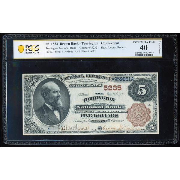 1882BB $5 Torrington, CT CH# 5235 National Bank Note PCGS Extremely Fine 40