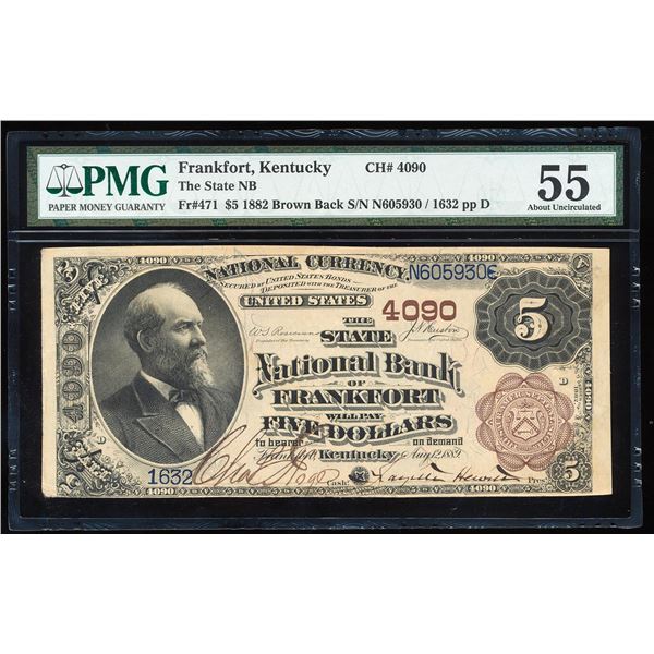 1882BB $5 Frankfort, KY CH# 4090 National Note PMG About Uncirculated 55